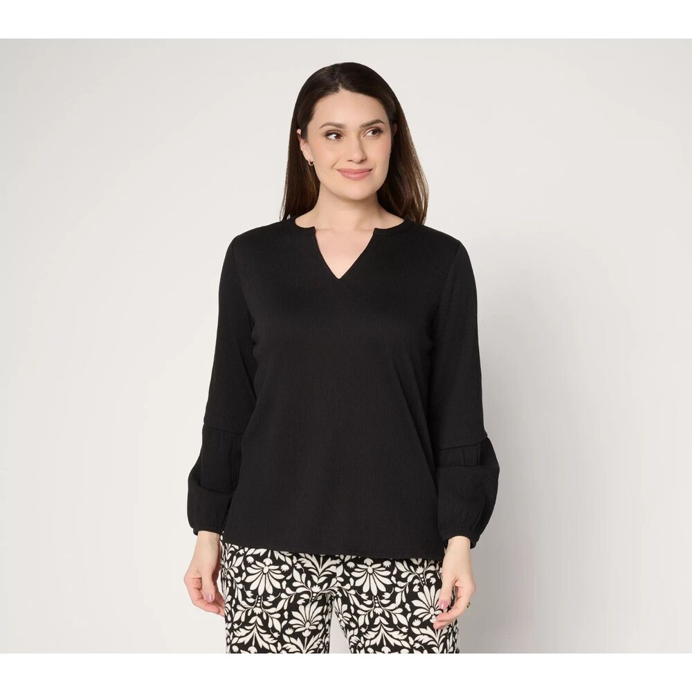 Belle by Kim Gravel Packabelle Blouson Sleeve Split Neck Top - Black, 3X